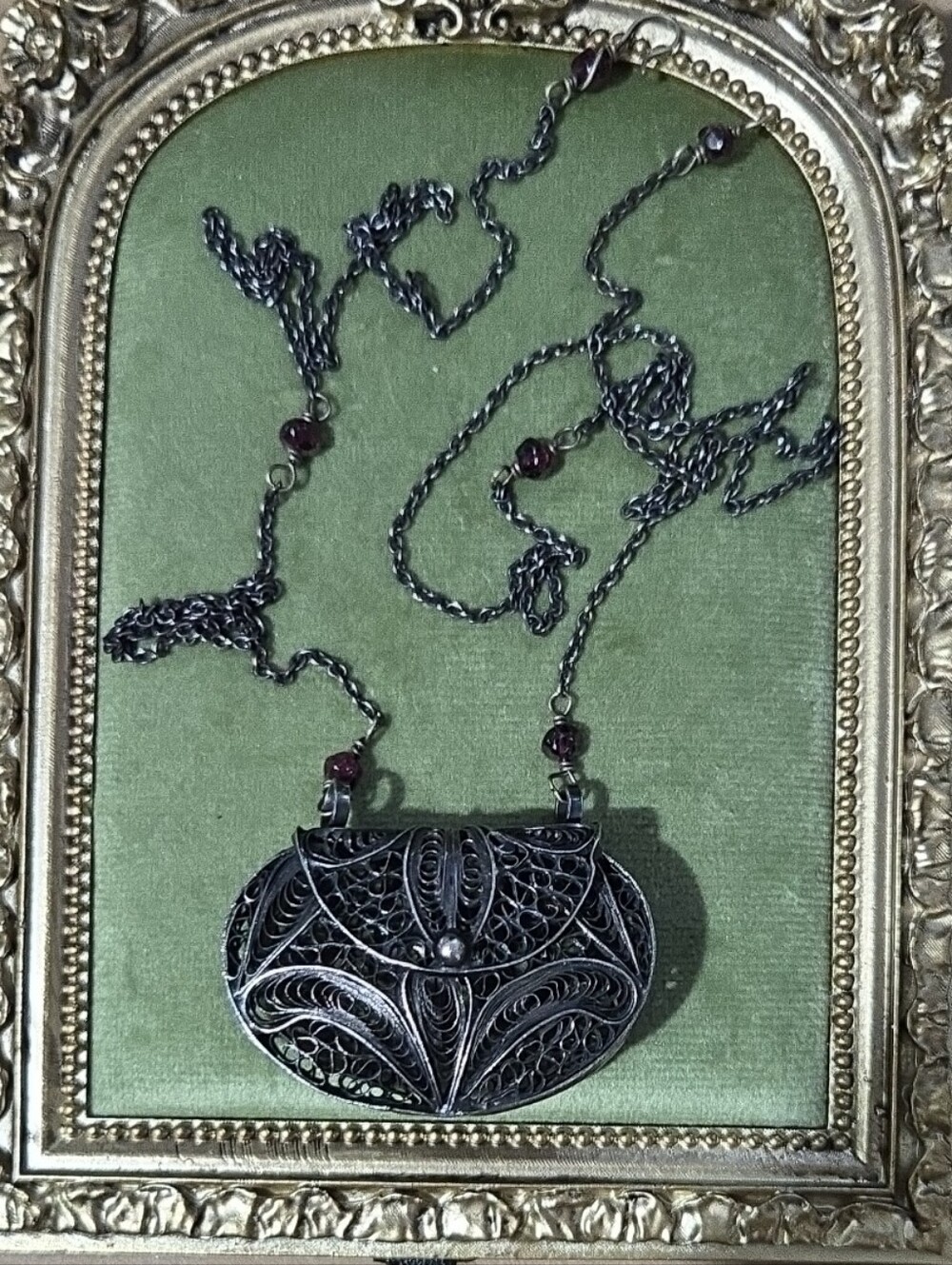 Primitive Sterling Silver Filigree Pendant Necklace with Garnet Accents